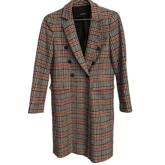 ZARA Gray Red Houndstooth Plaid Double Breasted Wool Coat Size XS - Picture 2 of 9